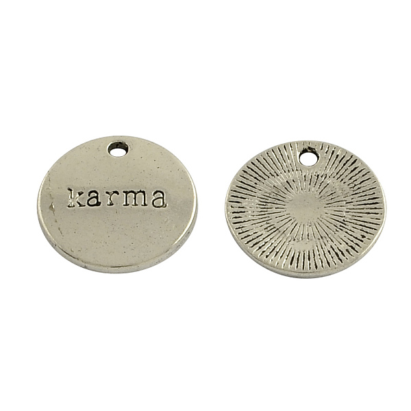 

PandaHall Tibetan Style Alloy Pendants, Flat Round with Word Karma, Lead Free & Cadmium Free, Antique Silver, 20x2mm, Hole: 2mm, about...