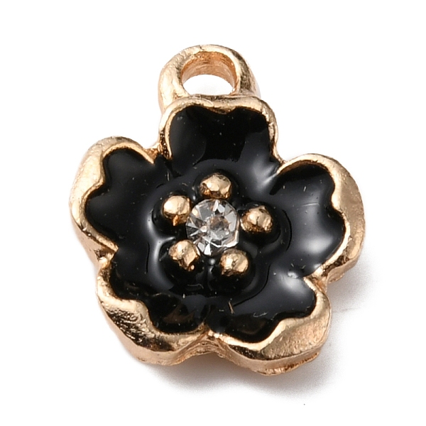 

PandaHall Alloy Enamel Pendants, with Crystal Rhinestone, Peach Blossom, Black, 15x12x3.5mm, Hole: 2mm Alloy Rhinestone+Enamel Flower Clear