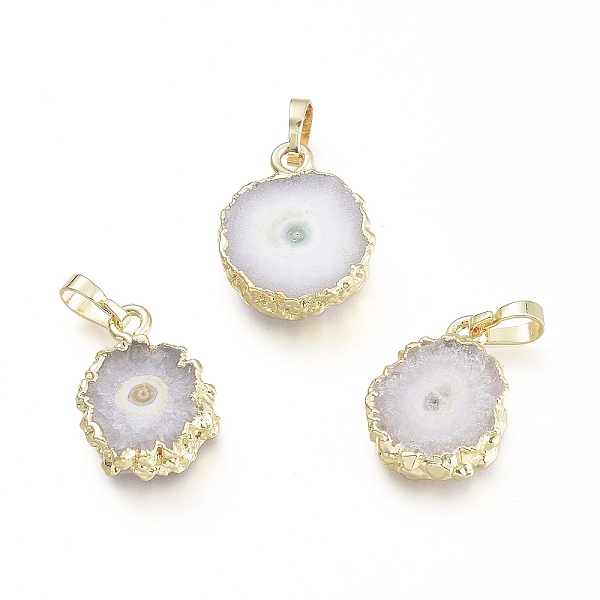 

PandaHall Electroplated Natural Agate Pendants, with Brass Findings, Dyed, Flat Round, White, Golden, 17~23.5x13~18x5~6mm, Hole: 6x3mm...