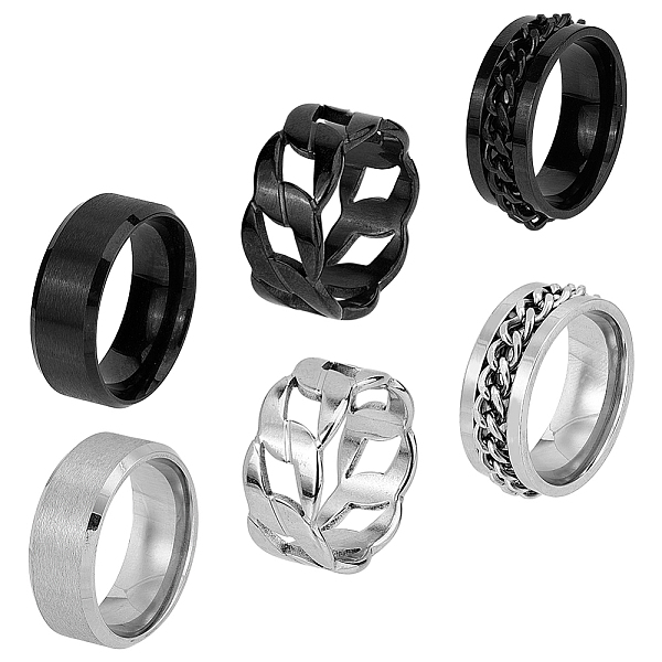 

PandaHall FIBLOOM 6Pcs 6 Style Titanium Steel Plain & Curb Chains Finger Rings Set for Women, Electrophoresis Black & Stainless Steel Color...