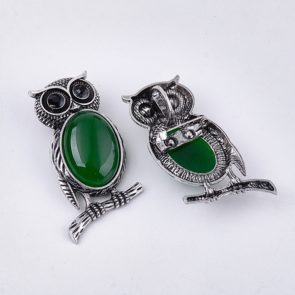 

PandaHall Natural Green Onyx Agate Brooches/Pendants, with Rhinestone and Alloy Findings, Dyed, Owl, Antique Silver, 51x28~29x15~16.5mm..., Black