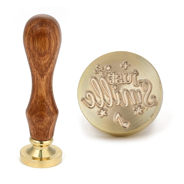 

PandaHall Brass Retro Wax Sealing Stamp, with Wooden Handle for Post Decoration DIY Card Making, Just Smile, Word, 90x25.5mm Brass Word