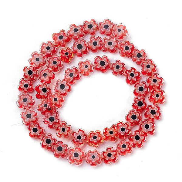 

PandaHall Handmade Millefiori Glass Bead Strands, Flower, Red, 6.4~9x3.2mm, Hole: 1mm, about 56pcs/Strand, 15.75''(40cm) Millefiori Lampwork...
