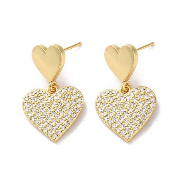 

PandaHall Brass Pave Clear Cubic Zirconia Stud Earrings for Women, Heart, Real 16K Gold Plated, 28.5x17mm Cubic Zirconia Heart Clear