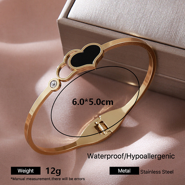 Bracciale rigido con chiusura a cerniera da donna in acciaio inossidabile 304 con smalto nero e strass di cristallo