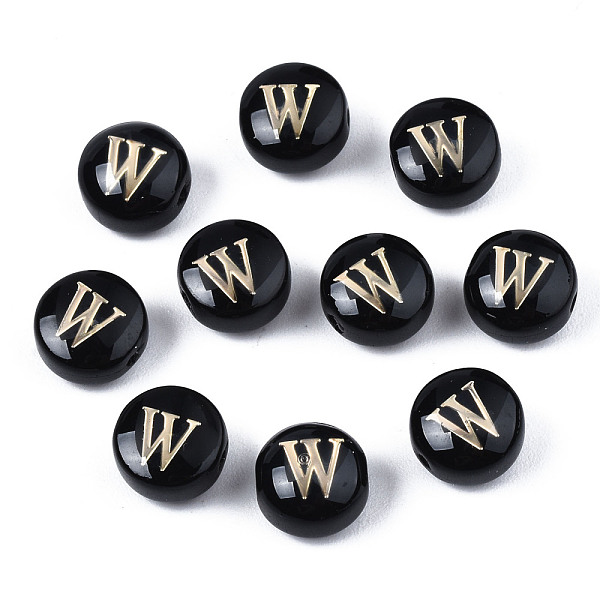 

PandaHall Handmade Lampwork Beads, with Golden Plated Brass Etched Metal Embellishments, Flat Round with Alphabet, Letter.W, 8x5mm, Hole..., Black