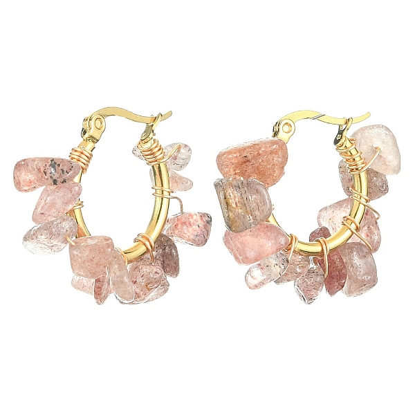 

PandaHall Natural Strawberry Quartz Chips Braided Hoop Earrings, 304 Stainless Steel Wire Wrap Jewelry for Women, 25~27x28~33x7~9mm, Pin...
