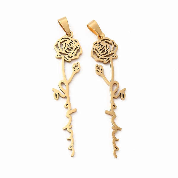 

PandaHall 201 Stainless Steel Big Pendants, Rose Charms, Golden, 52x14x1.5mm, Hole: 7x4mm 201 Stainless Steel Flower
