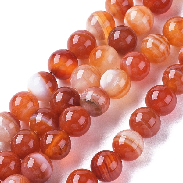 PandaHall Natural Striped Agate/Banded Agate Beads Strands, Dyed & Heated, Round, Salmon, 4mm, Hole: 0.5mm, about 91~93pcs/strand, 14.96...