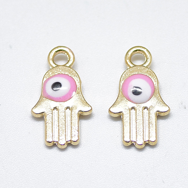 

PandaHall Light Gold Plated Alloy Charms, with Enamel, Religion, Hamsa Hand/Hand of Fatima /Hand of Miriam with Evil Eye, Pearl Pink...