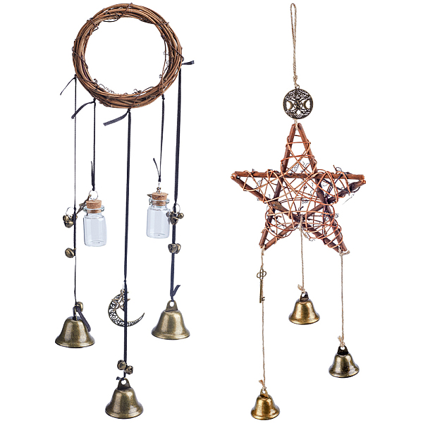 

PandaHall GORGECRAFT 2 Style Witch Bells Magic Wind Chimes Rattan and Alloy Doorknob Hanging Bells Door Knob Hanger Witchcraft Decor Wiccan...