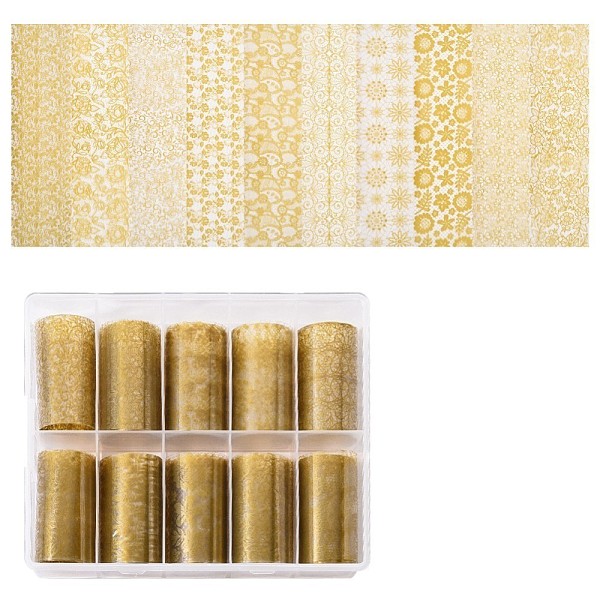

PandaHall 10Rolls Nail Art Transfer Stickers, Nail Decals, DIY Nail Tips Decoration, Gold, Mixed Patterns, 40mm, 1m/roll Plastic Gold