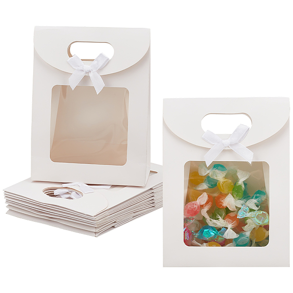 

PandaHall Rectangle Paper Gift Bags, with Clear Window, Ribbon Bowknot Decorated Rectangle Candy Bag for Birthday, Wedding, Celebration..., White