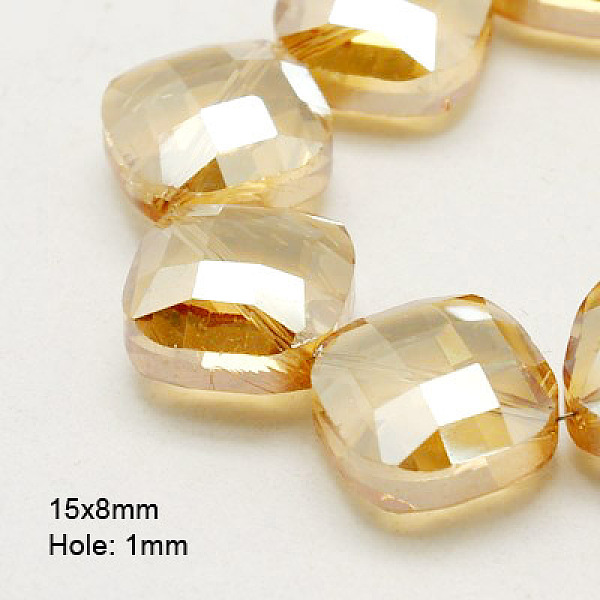 

PandaHall Electroplate Glass Beads, Half Plated, Faceted, Square, Goldenrod, 15x15x8mm, Hole: 1mm Glass Square Gold