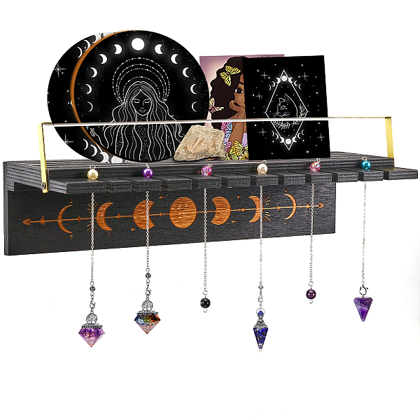 

PandaHall Moon Phase Wooden Crystal Pendulum Wall Shelf, Witch Hanging Crystal Organizer Holder, for Stone Divination Tarot Oracle Card..., Black