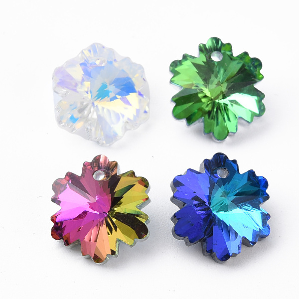

PandaHall Electroplated Glass Charms, Silver Plated Bottom, Faceted, Snowflake, Mixed Color, 14x12.5x7mm, Hole: 1.4mm, about 30pcs/board..., Multicolor