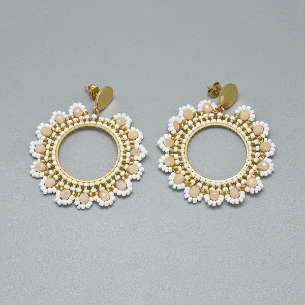 

PandaHall Handmade Woven Glass Beads Dangle Stud Earrings, with 304 Stainless Steel Findings and Ear Nuts/Earring Back, Flower, Golden..., Orange