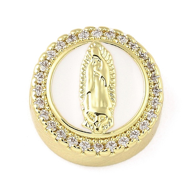 

PandaHall Rack Plating Brass Micro Pave Cubic Zirconia Bead, with Enamel, Long-Lasting Plated, Lead Free & Cadmium Free, Flat Round with..., White