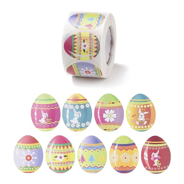 PandaHall 9 Patterns Easter Theme Self Adhesive Paper Sticker Rolls, Egg-Shaped Sticker Labels, Gift Tag Stickers, Rabbit & Flower, Easter...