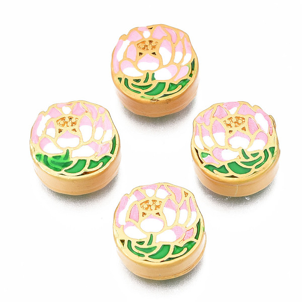 PandaHall Rack Plating Alloy Enamel Beads, Cadmium Free & Lead Free, Matte Gold Color, Flat Round with Flower, Pink, 11x11x5mm, Hole: 2mm...