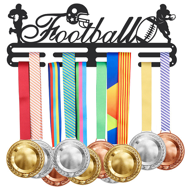 

PandaHall Iron Medal Holder Frame, Medals Display Hanger Rack, 2 Lines, with Screws, Rectangle with Word Football, Rugby Pattern, 150x400mm...