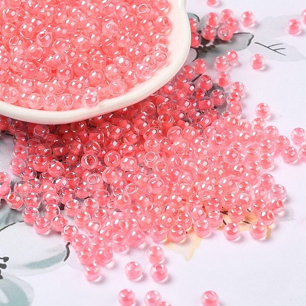 

PandaHall Glass Seed Beads, Inside Colours Lustered, Round, Salmon, 4x3mm, Hole: 1.4mm, about 7650pcs/pound Glass Red