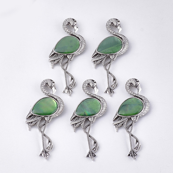 

PandaHall Freshwater Shell Brooches/Pendants, with Resin Bottom and Alloy Findings, Flamingo Shape, Antique Silver, Green, 83.5x38x8~10mm...