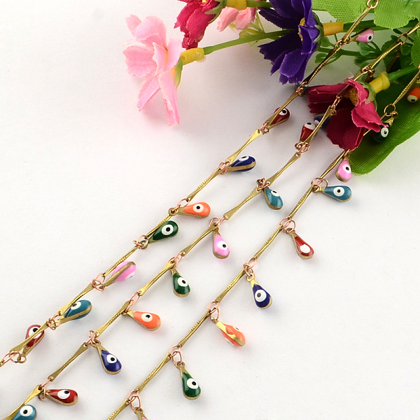 

PandaHall Handmade Brass Teardrop Enamel Beaded Chains, Soldered, with Spool, Evil Eye, Raw(Unplated), Colorful, 10x4mm, about 32.8 Feet...