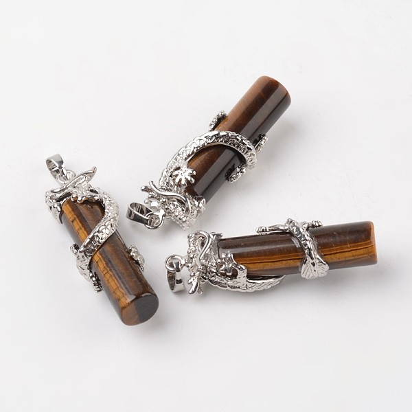 

PandaHall Tube Natural Tiger Eye Pendants, with Dragon Brass Findings, Platinum, 48x15x10mm, Hole: 7x5mm Tiger Eye Tube