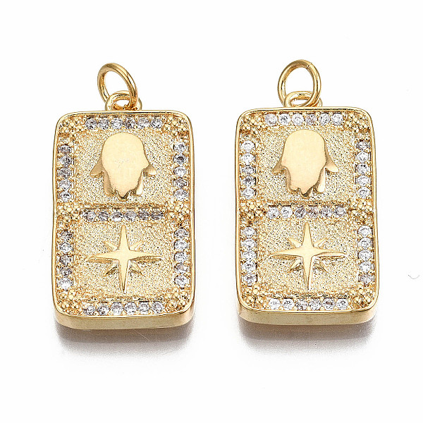 

PandaHall Brass Micro Pave Clear Cubic Zirconia Pendants, Nickel Free, Rectangle with Star & Hamsa Hand, Real 18K Gold Plated, 25x23x3mm...