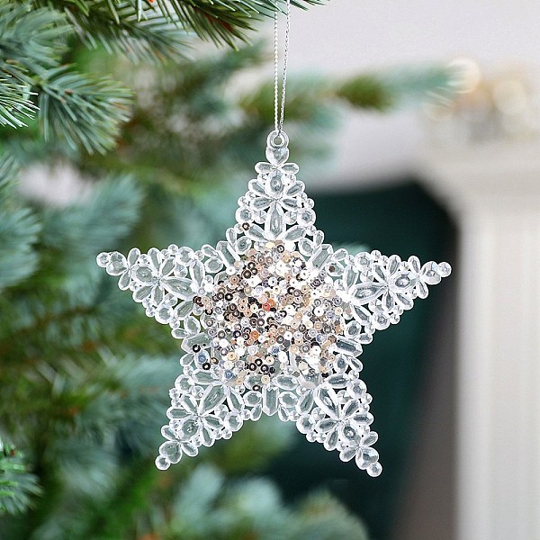 

PandaHall Acrylic with Sequin Pendant Decoration, Christmas Tree Hanging Decorations, for Party Gift Home Decoration, Star, 120x125mm..., Clear