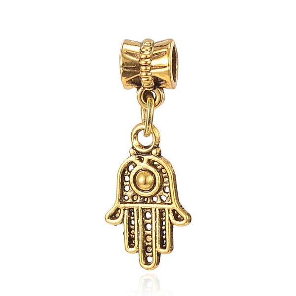 

PandaHall Tibetan Style Alloy European Dangle Pendants, Hamsa Hand/Hand of Fatima/Hand of Miriam, Antique Golden, 33mm, Hole: 5mm Alloy...