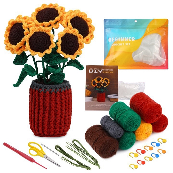 

PandaHall DIY Sunflower Planter Display Decoration Crochet Kit, Including Instruction Manual, Crochet Hooks, Polyester Yarn, Big Eye Needle...