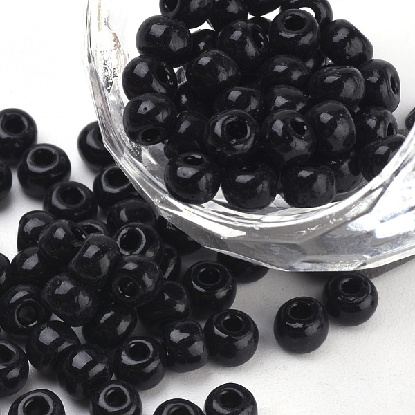 

PandaHall 6/0 Baking Paint Glass Seed Beads, Round, Black, 4~4.5x3mm, Hole: 1~1.2mm, about 4500pcs/bag, about 450g/bag Glass Black