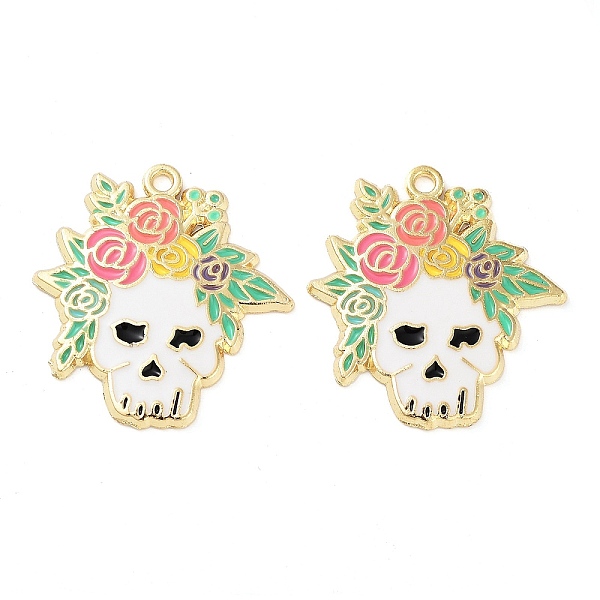 

PandaHall Halloween Theme Rack Plating Alloy Enamel Pendants, Golden, with Flower, Skull, 30x28x2mm, Hole: 2mm Alloy+Enamel Skull