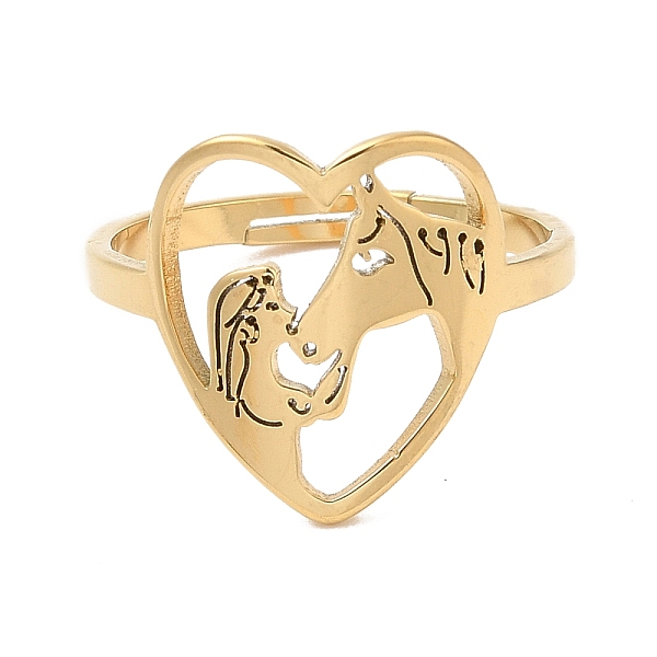 

PandaHall Ion Plating(IP) 304 Stainless Steel Heart with Horse Adjustable Ring for Women, Real 18K Gold Plated, US Size 6(16.5mm) 304...