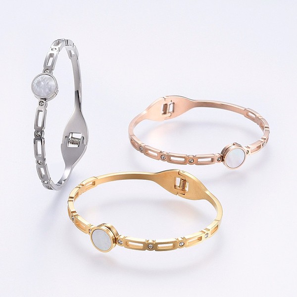 

PandaHall 304 Stainless Steel Bangles, with Rhinestone and Shell, Flat Round, Mixed Color, 2-1/4 inch(5.7cm)x2 inch(5cm), 4~10mm Shell White