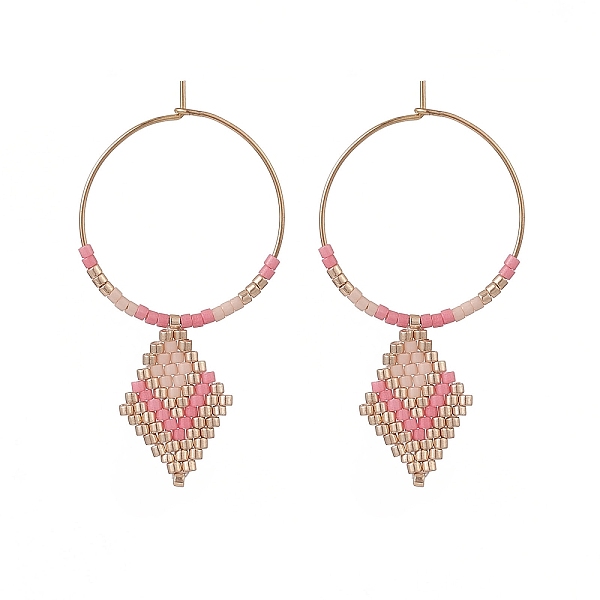 

PandaHall Glass Seed Braided Rhombus Dangle Hoop Earrings, Golden 316 Surgical Stainless Steel Jewelry for Women, Pink, 49mm, Pin: 0.7mm...