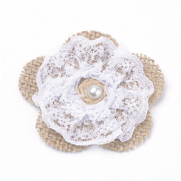 PandaHall Handmade Jute Twine Woven Costume Accessories with Lace, Flower, Tan, 68~73x70~75x6~7mm Cloth Flower Orange