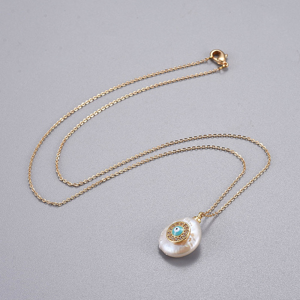 

PandaHall Brass Pendants Necklaces, with 304 Stainless Steel Findings, Cubic Zirconia and Natural Pearl, Nuggets with Eye, Real 18K Gold...