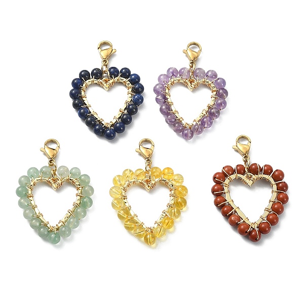 

PandaHall Wire Wrapping Natural Gemstone Heart Pendant Decorations with 304 Stainless Steel Lobster Claw Clasps, 44x29x4.8mm, 5pcs/set Mixed...