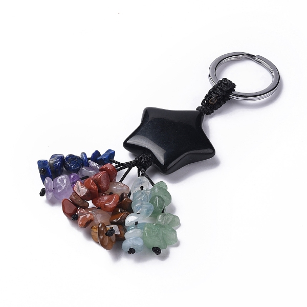 

PandaHall Natural Obsidian Star with Mixed Gemstone Chips Beaded Tassel Keychains, with 304 Stainless Steel Ring Clasps, 9.5~10cm Obsidian...
