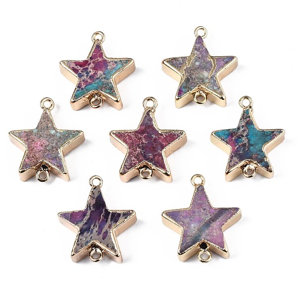 

PandaHall Natural Imperial Jasper Links Connectors, with Golden Iron Loop and Edge, Dyed, Star, Plum, 24x20~21x6~7mm, Hole: 1.6mm Imperial..., Purple