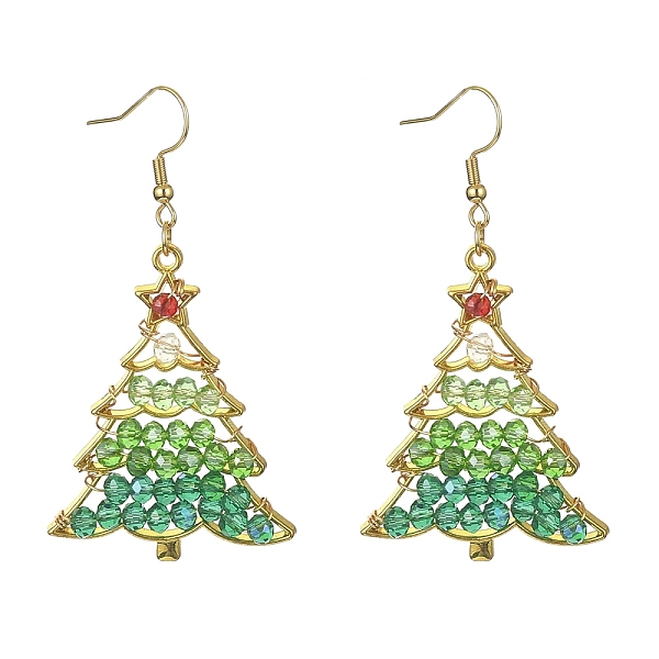 

PandaHall Glass Beaded Christmas Tree Dangle Earrings, Golden Alloy Jewelry, Green, 64x34mm Glass Tree Green