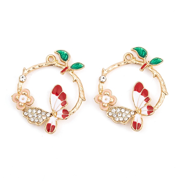 

PandaHall Rack Plating Alloy Enamel Pendants, with Rhinestone, Light Gold, Ring with Butterfly Charm, Red, 31x26x3.5mm, Hole: 1.4mm Alloy...