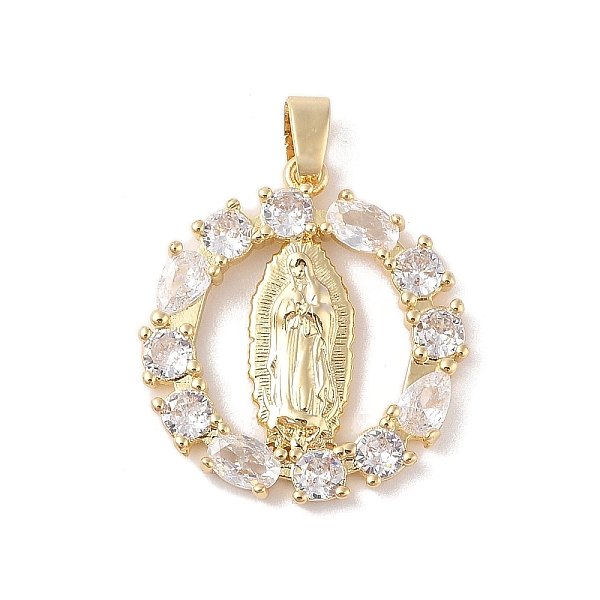 

PandaHall Brass Cubic Zirconia Pendants, Long-Lasting Plated, Flat Round with Holy Virgin Charms, Golden, Clear, 29x26.5x3mm, Hole: 6x3mm...