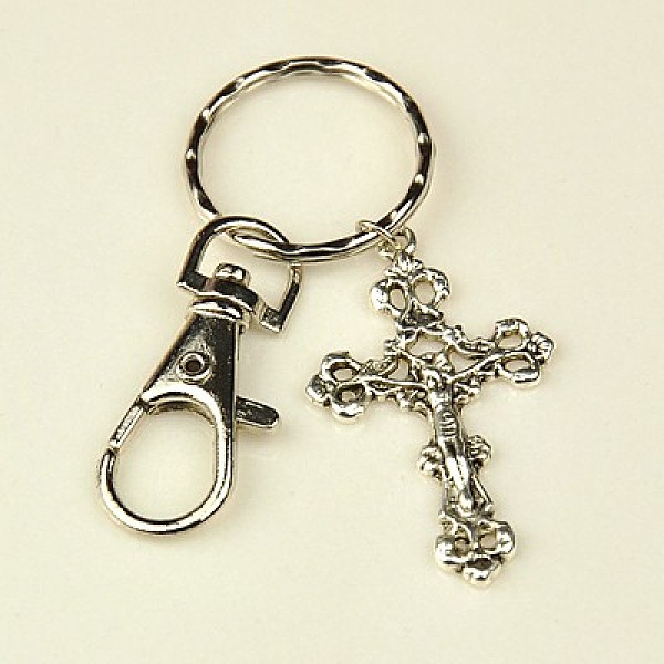 

PandaHall Tibetan Style Crucifix Cross Keychain, with Iron Key Clasp Findings and Alloy Swivel Clasps, For Easter, Antique Silver, 100mm...