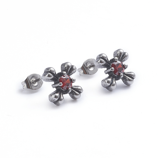 

PandaHall Retro 304 Stainless Steel Stud Earrings, with Cubic Zirconia and Ear Nuts, Cross, Red, Antique Silver, 12x12mm, Pin: 0.6mm 304...