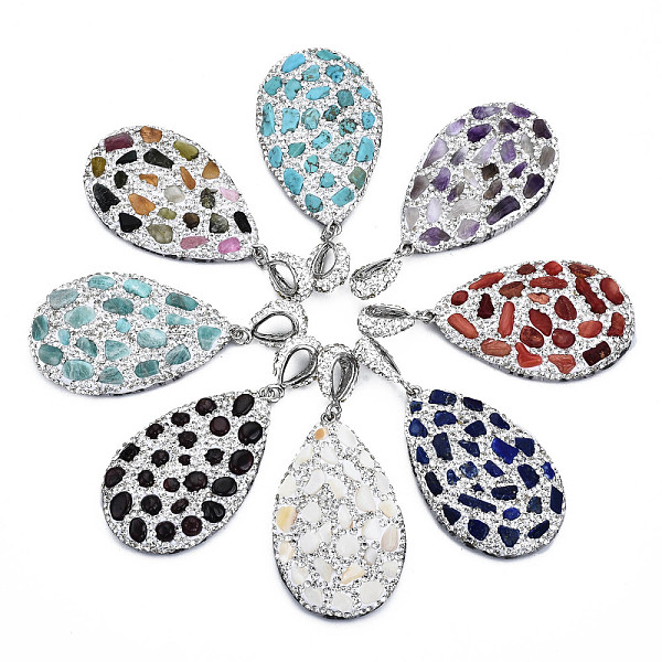

PandaHall Polymer Clay Rhinestone Pendants, with Gemstone Chip/Natural Shell Chip and PU Leather, Teardrop, Platinum, 50~51x31~32x7~8mm..., Multicolor