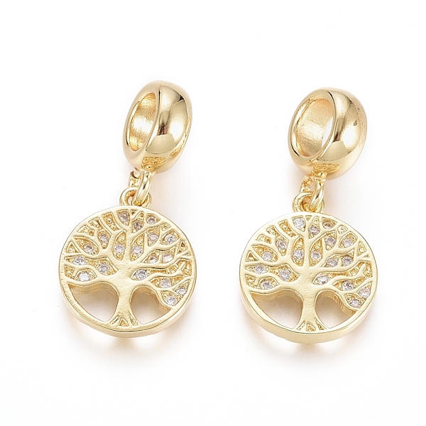 

PandaHall Brass Micro Pave Clear Cubic Zirconia European Dangle Charms, Large Hole Pendants, Flat Round with Tree of Life, Golden, 23mm...